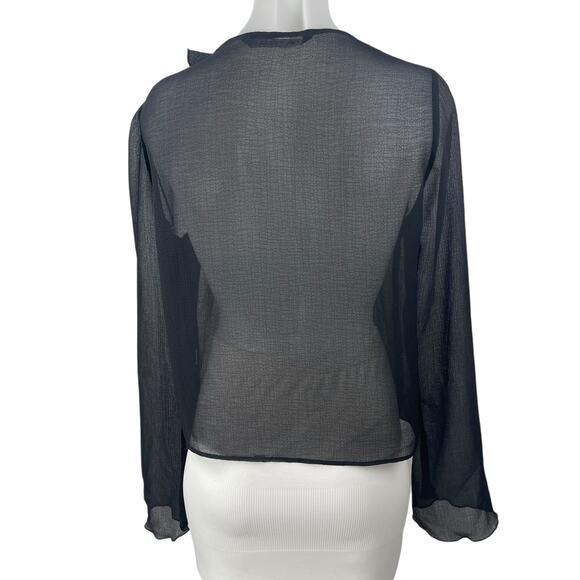 Zara Women's Black Plunge V-neck Ruffle Collar Long Sleeve Sheer Blouse Top Sz M - Picture 4 of 5
